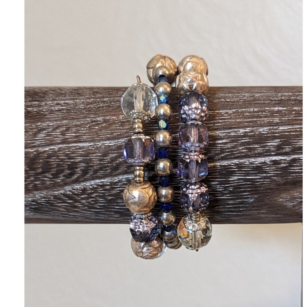 Silvertone Rose Purple & Clear AB Glass Crystal Beaded Small Wire Wrap Bracelet